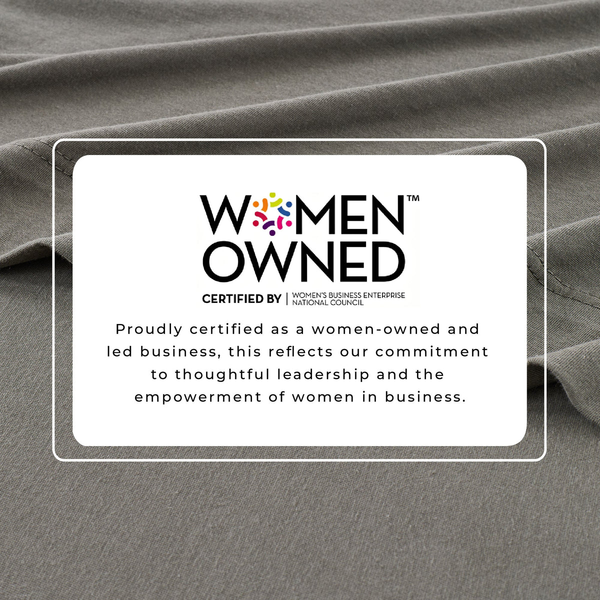 Grey jersey knit sheet set fabric with Women Owned certification badge overlay