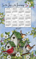 Linen calendar towel with 2027 birdhouses, birds, flowers, and monthly date grid