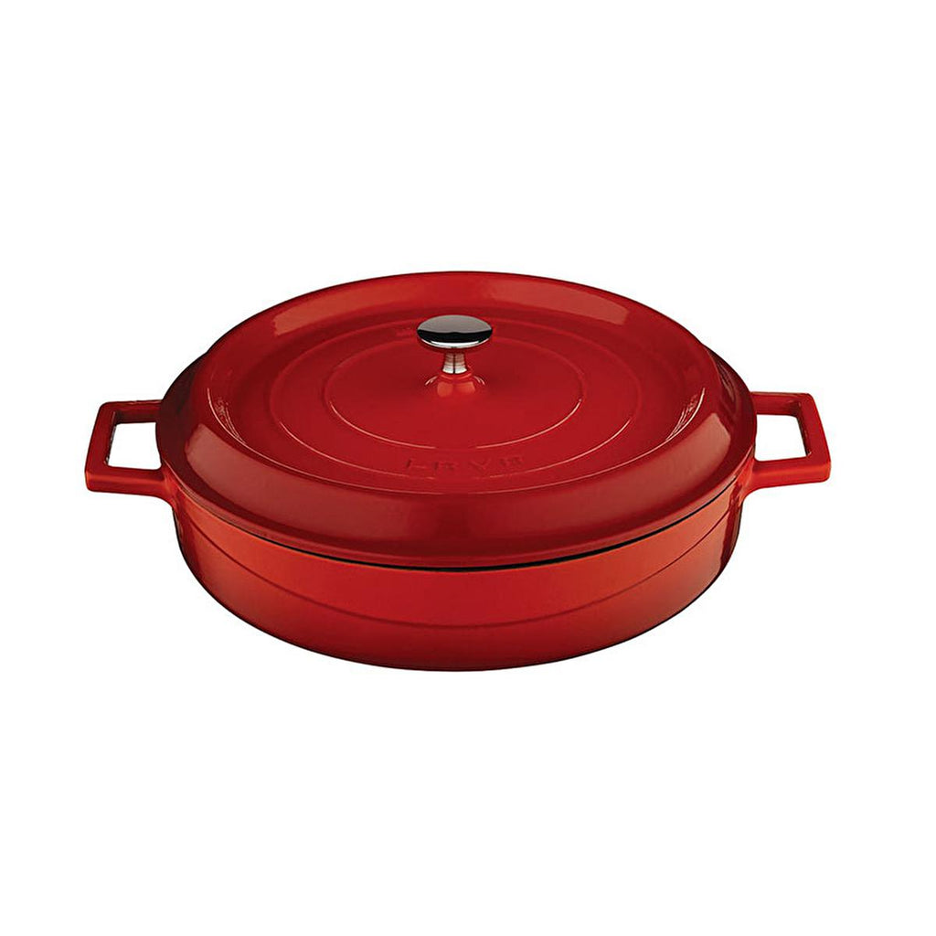 Red enamel cast iron round pot with domed lid, central knob, side handles