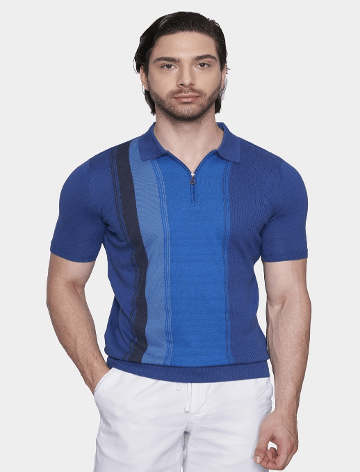 Blue knit polo shirt with ribbed collar and short button placket, textured stripes