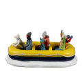 Inflatable snow raft with yellow and blue boat, white base, toy passengers in winter gear