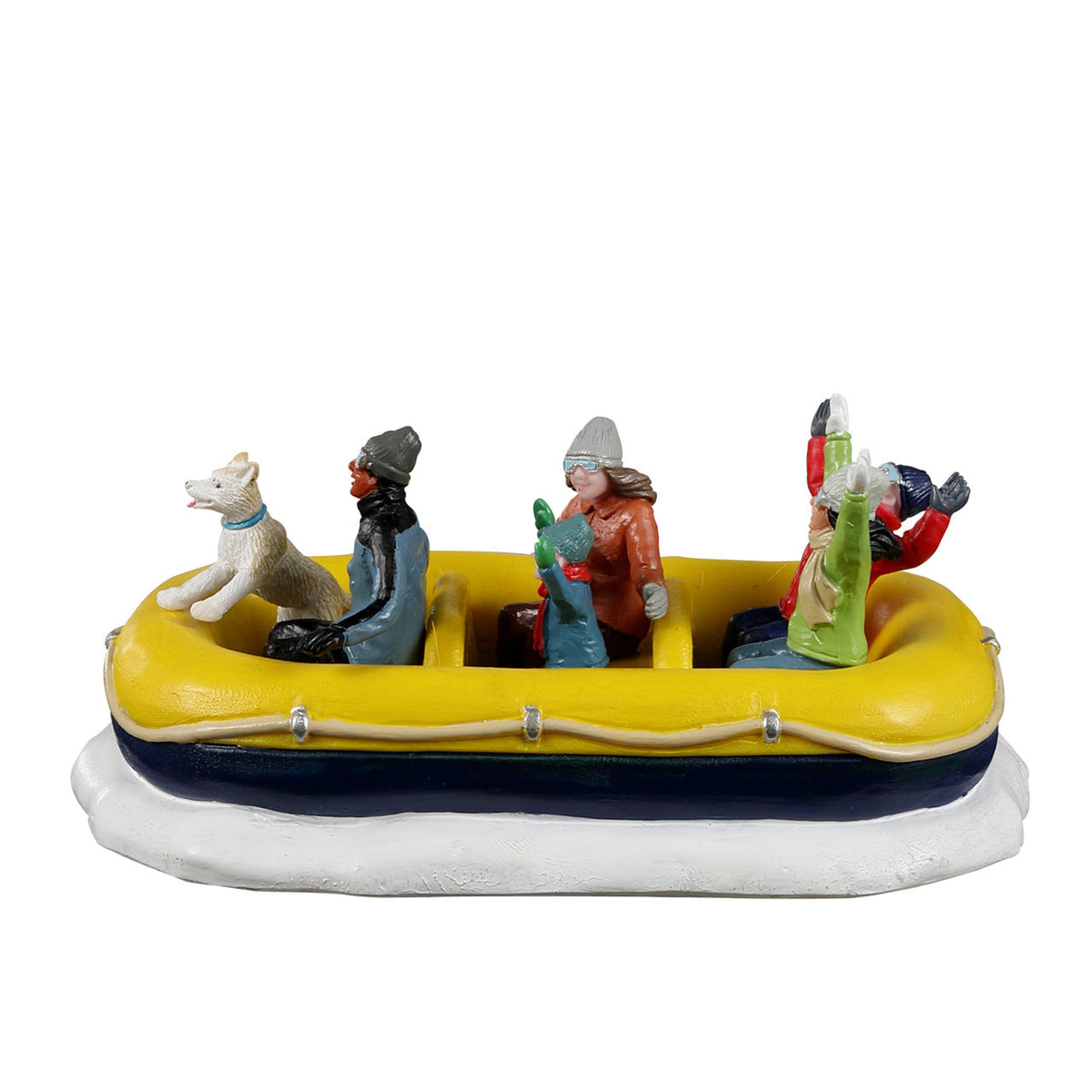 Inflatable snow raft with yellow and blue boat, white base, toy passengers in winter gear