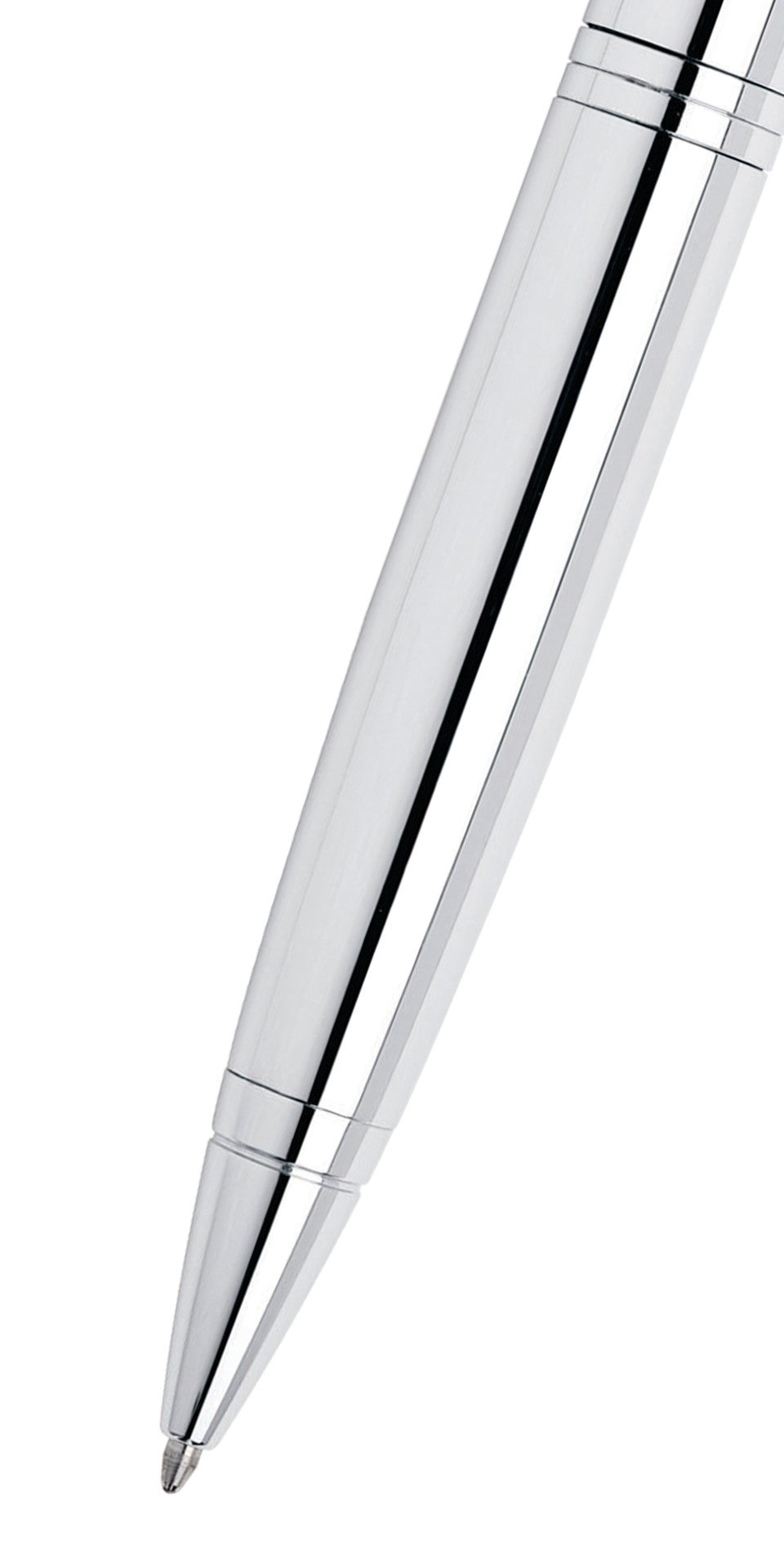 Calais™ polished chrome ballpoint pen close-up of nib and barrel