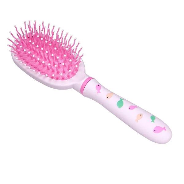 Kids mini hair brush with pink pin bristles and pastel handle with cute animal icons