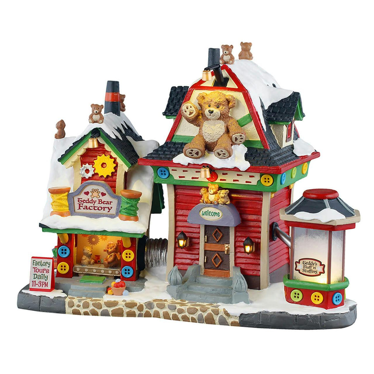 Teddy bear factory toy house with bears, gears, and two chimney towers