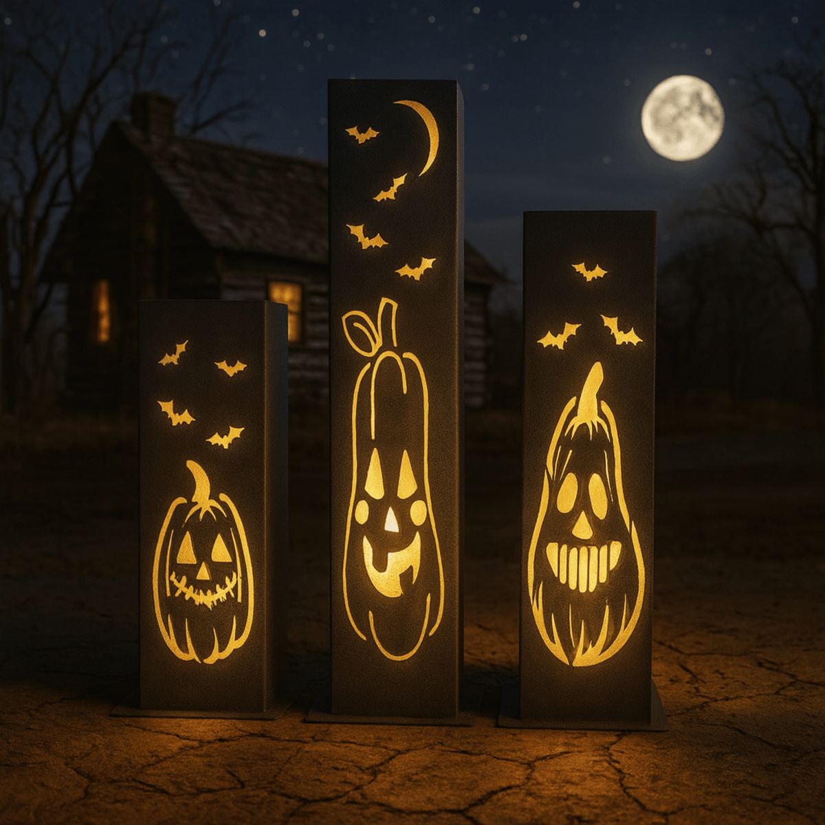 Steel solar pillar light with glowing jack-o-lantern face and bat silhouettes