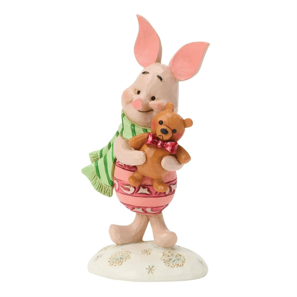 Piglet mini figurine hugging teddy bear, smiling face, green and pink striped clothes