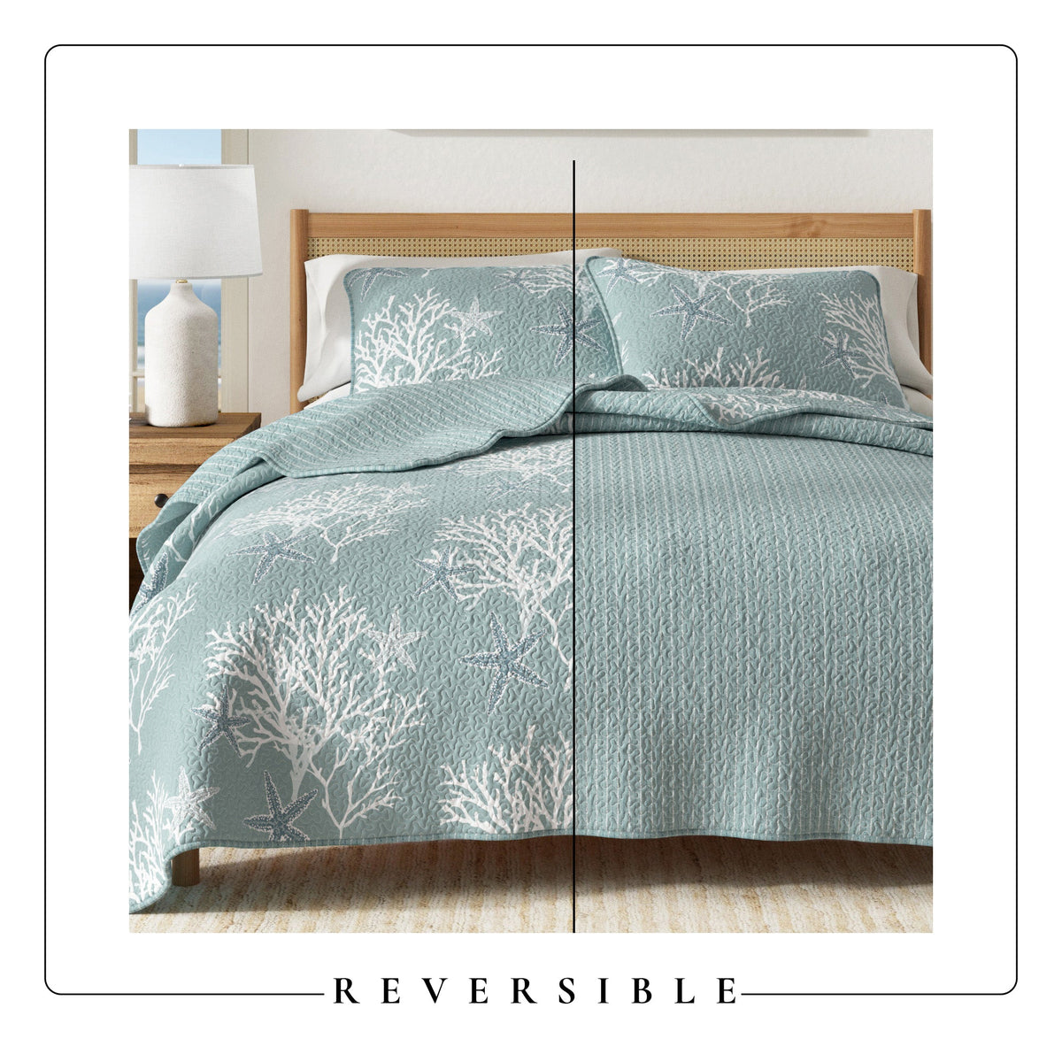 Blue quilt set with white tree-branch pattern and matching pillow shams
