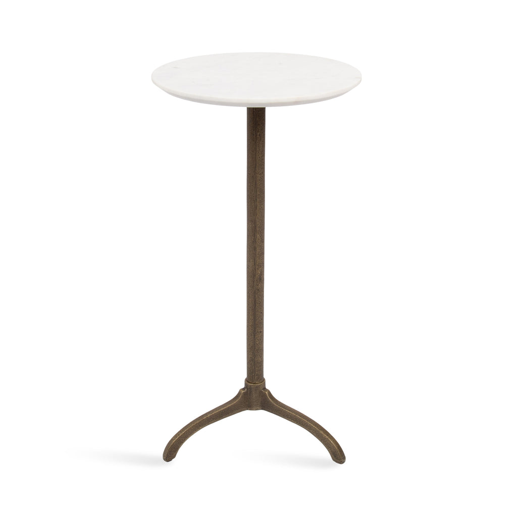 Round white marble side table with bronze pedestal and curved tripod legs
