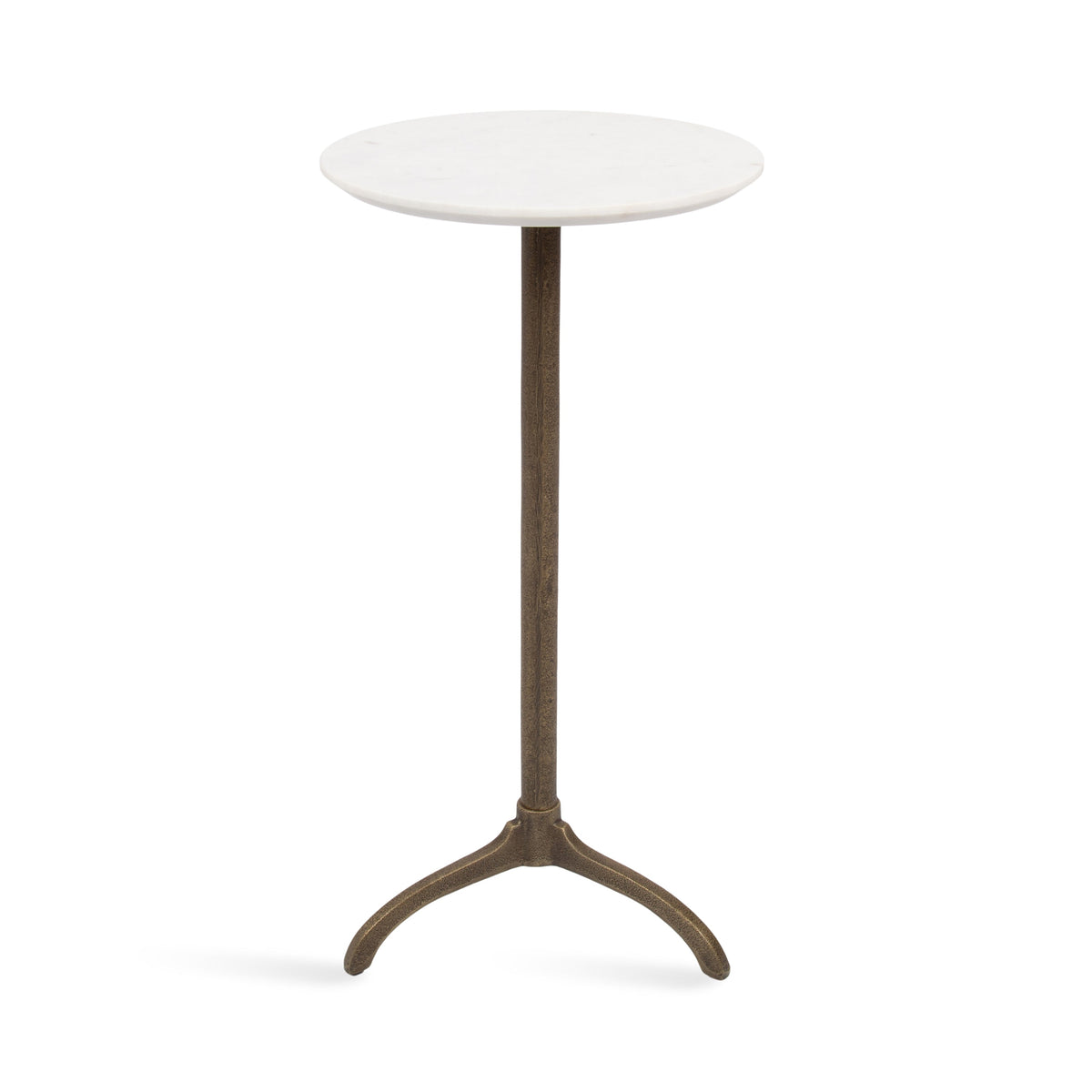 Round white marble side table with bronze pedestal and curved tripod legs
