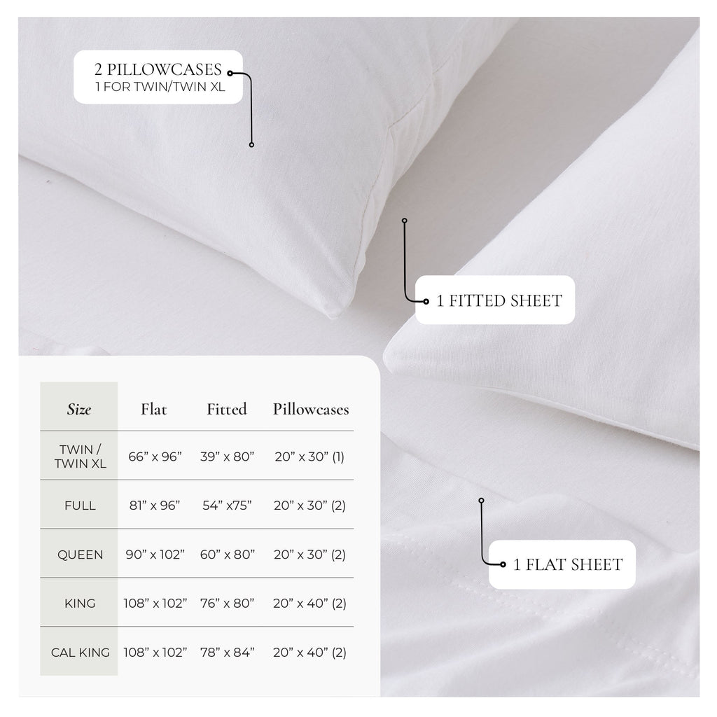 White jersey knit sheet set size chart with flat and fitted sheets