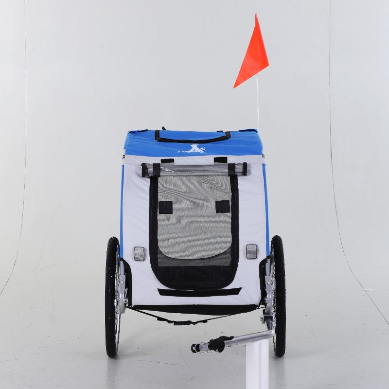 Blue and white pet bike trailer front view with safety flag and two wheels