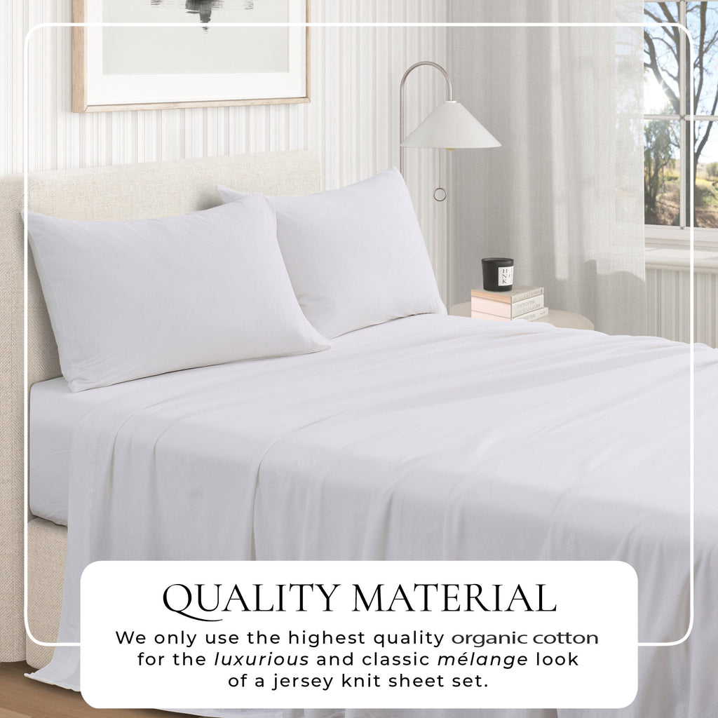 White jersey knit sheet set on bed with two matching pillowcases