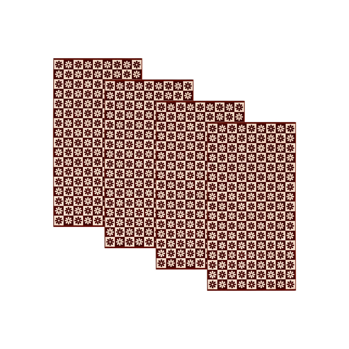 Cotton velour beach towel pattern design in dark red, white, and cream floral tiles.