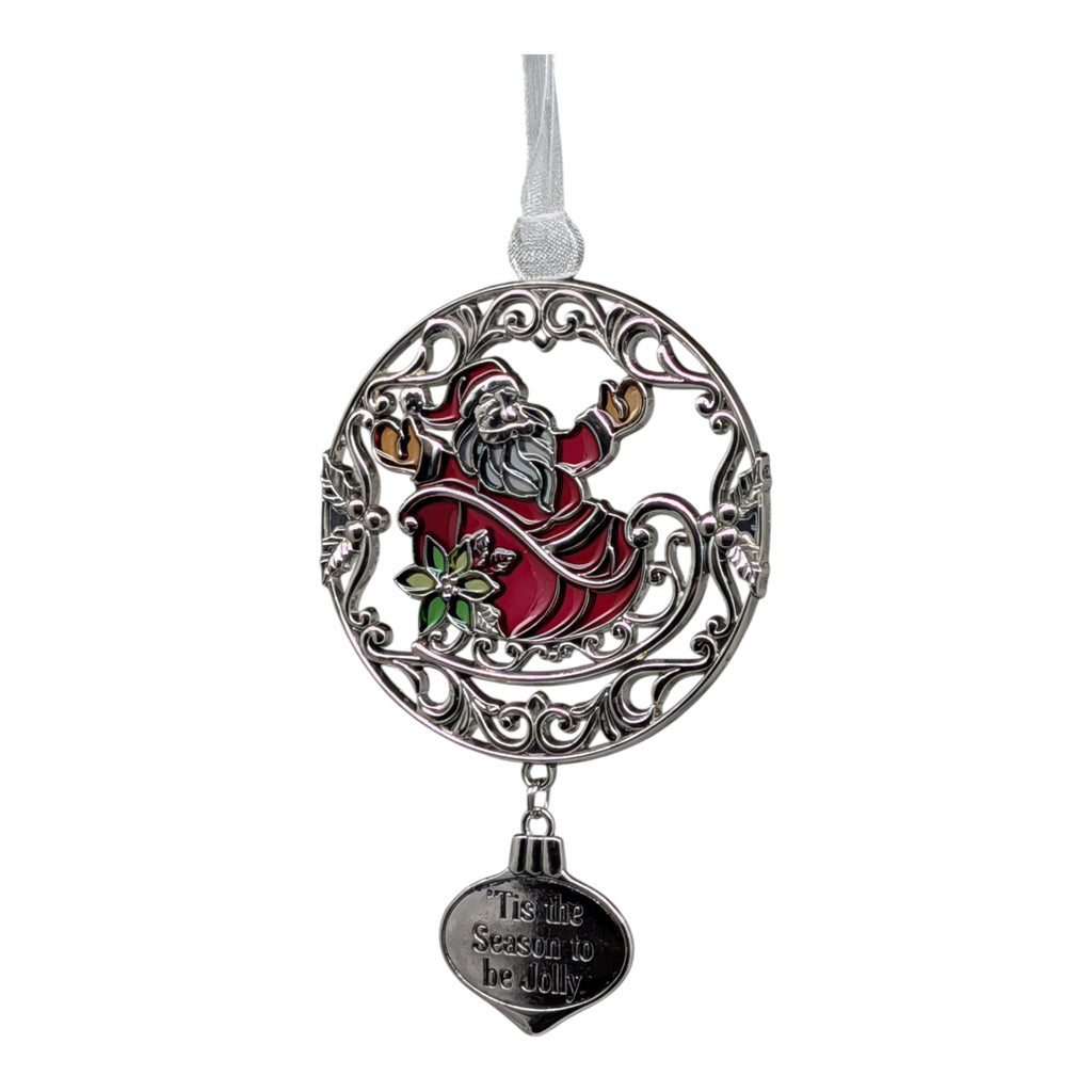 Santa jolly Christmas ornament with silver filigree, red suit, green holly detail, hanging