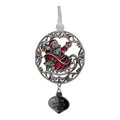 Santa jolly Christmas ornament with silver filigree, red suit, green holly detail, hanging