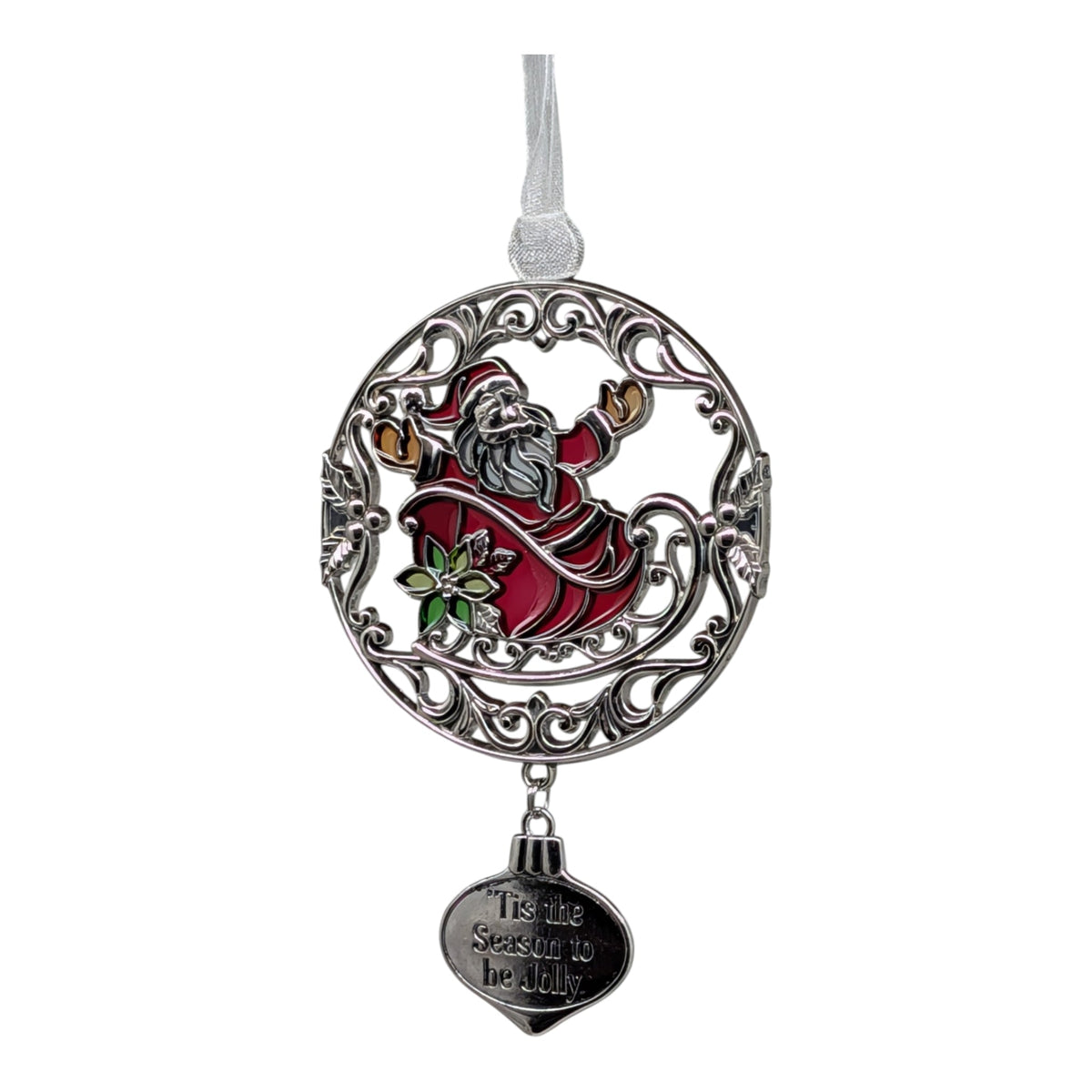 Santa jolly Christmas ornament with silver filigree, red suit, green holly detail, hanging