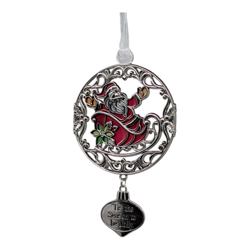 Santa jolly Christmas ornament with silver filigree, red suit, green holly detail, hanging
