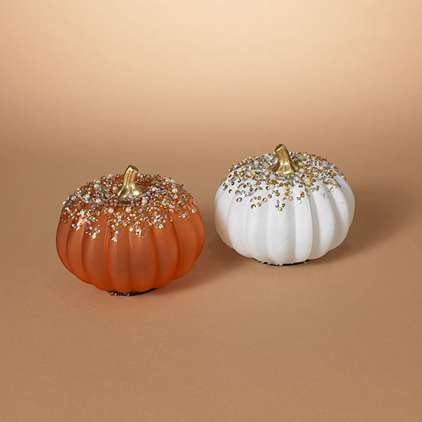 Handblown glass harvest pumpkins: orange and white with jewel accents