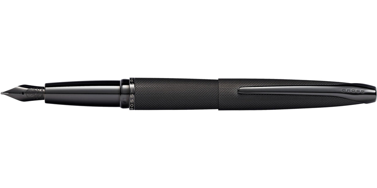 Brushed black fountain pen profile view with textured barrel and metal accents