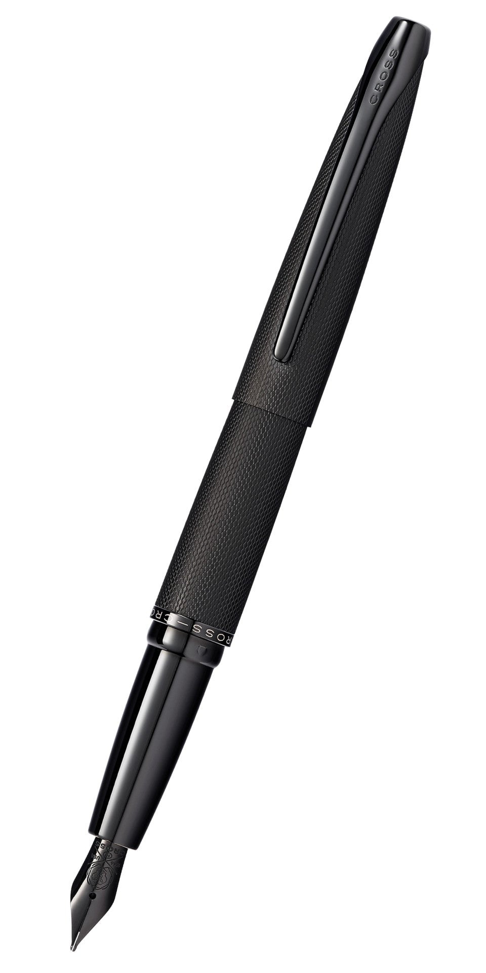 Brushed black stainless steel fine nib fountain pen with textured grip and clip