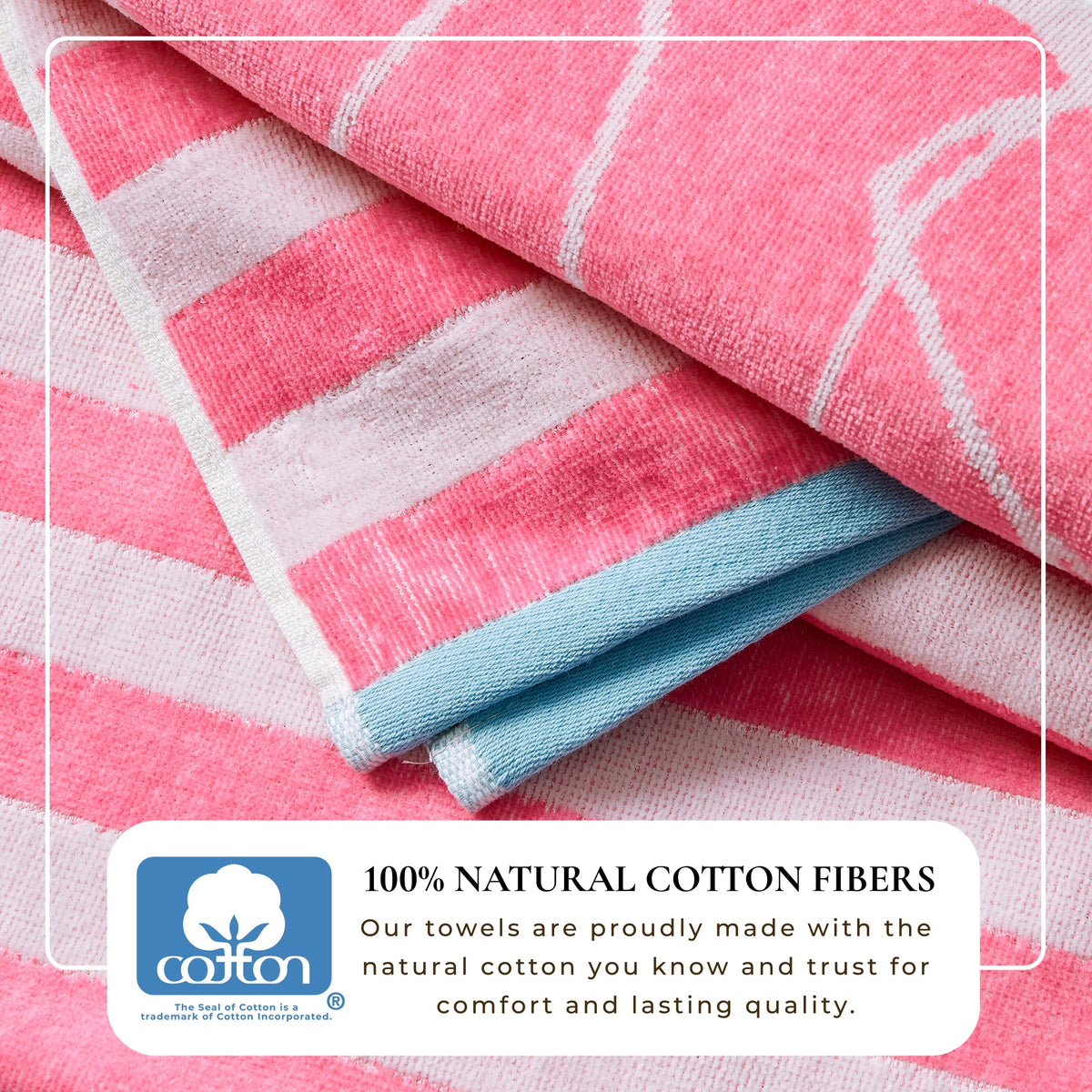 Pink and white cotton velour beach towel with striped sections and heart-like accents
