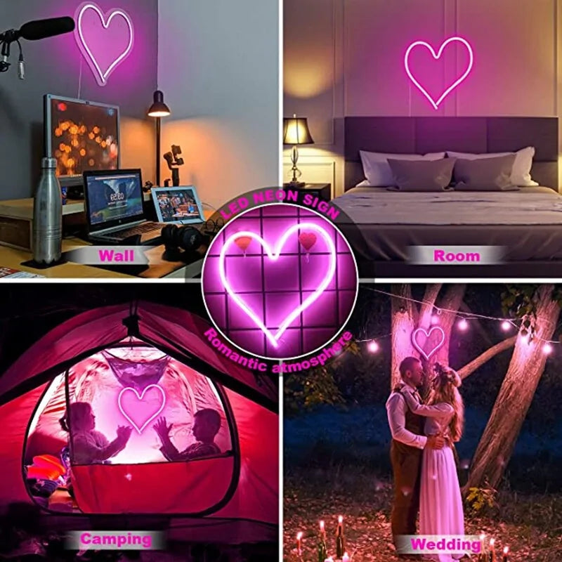 Pink heart neon LED sign displayed across wall, room, camping, and wedding scenes