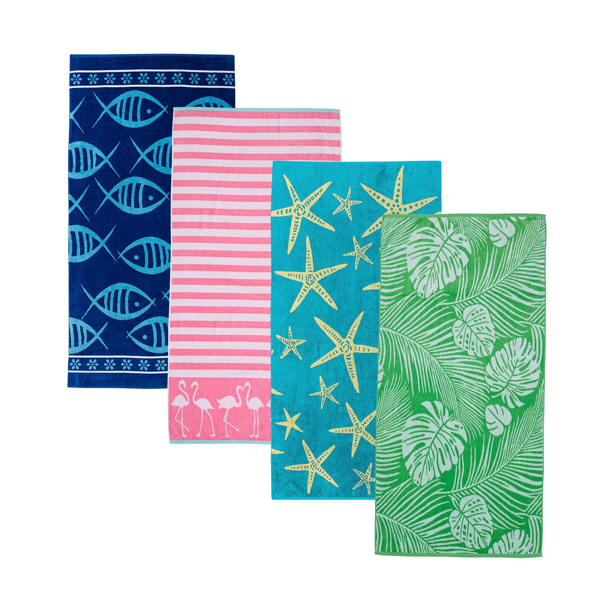 Set of three cotton velour beach towels: blue fish, pink stripes flamingos, teal palm stars