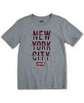 Grey kids T-shirt with red typographic NYC graphic and Levis logo, short sleeves