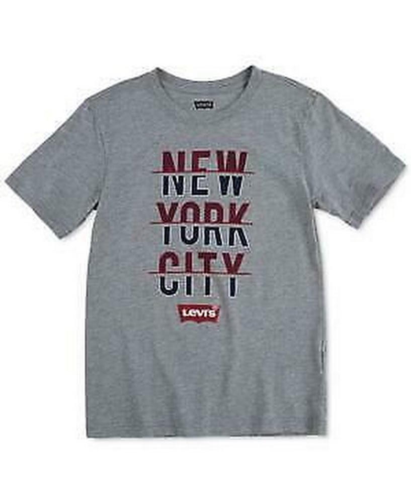Grey kids T-shirt with red typographic NYC graphic and Levis logo, short sleeves