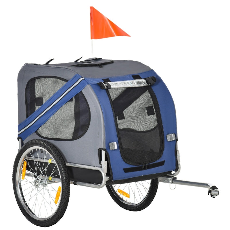 Blue and gray pet bike trailer cart with orange flag, black mesh windows, and wheels
