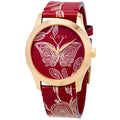 Gucci women's wrist watch with red dial and butterfly pattern, red leather strap