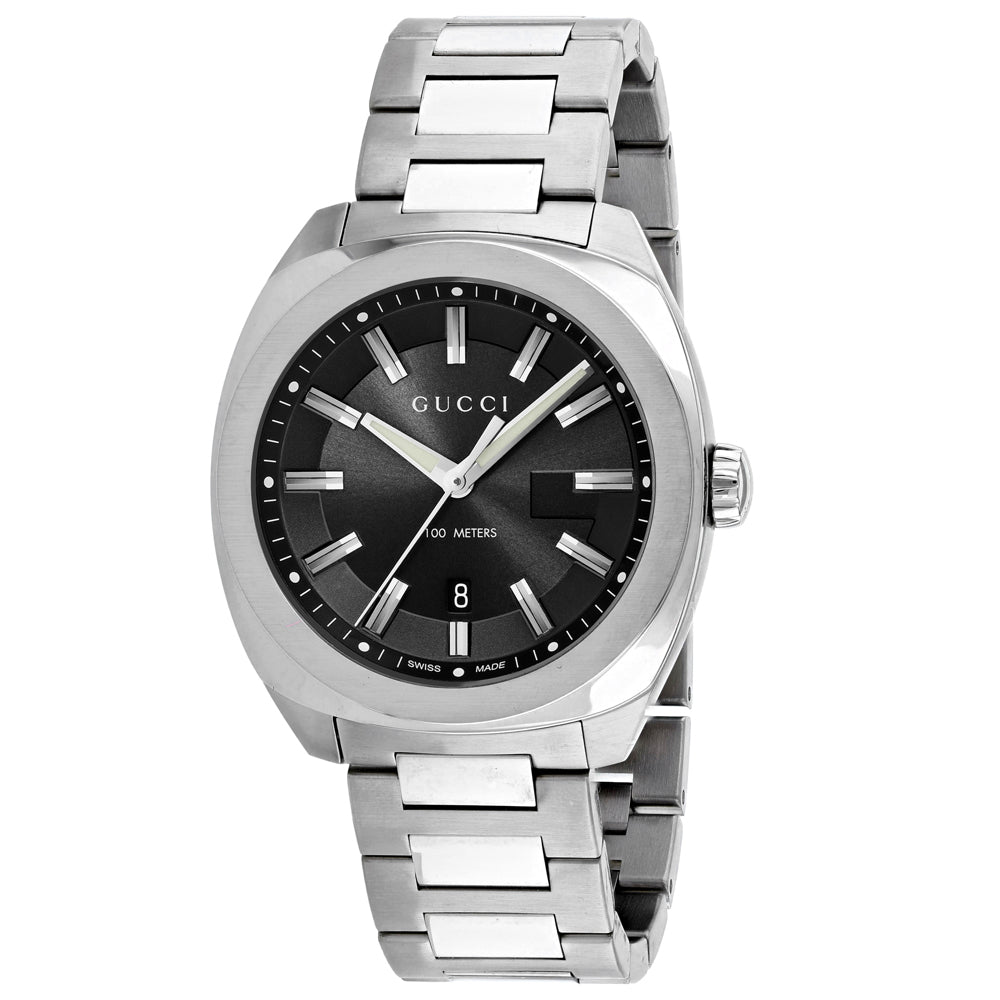 Men's Gucci stainless steel wrist watch with black dial and metal link bracelet