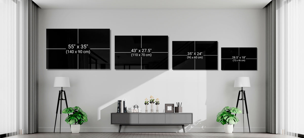 Four-panel black glass wall art set with rectangular panels