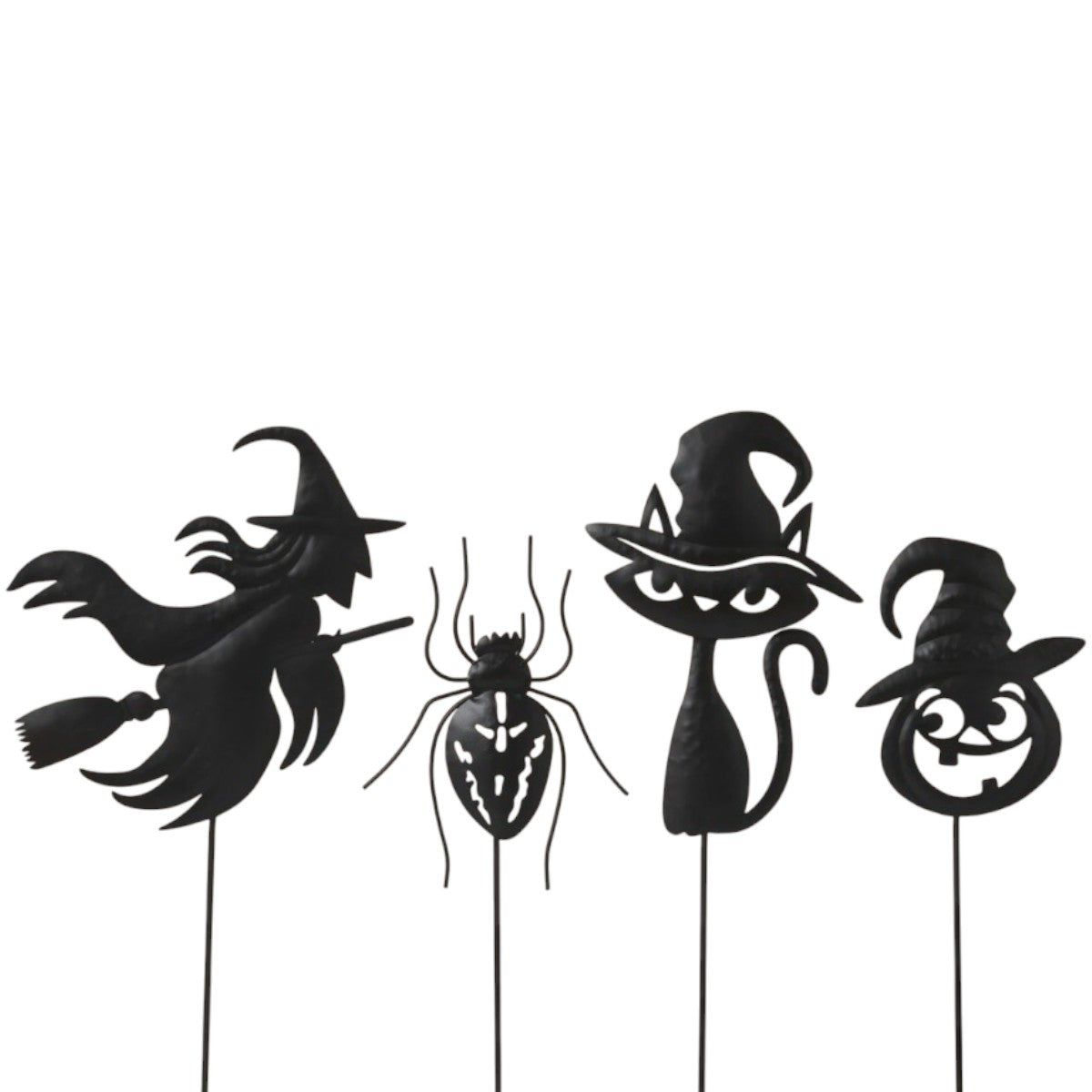 Set of 4 metal yard stakes with black Halloween silhouettes