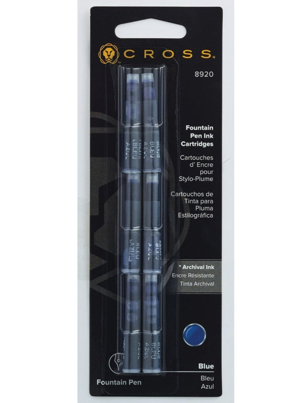 Fountain pen ink cartridge pack with 6 blue cartridges in blister card