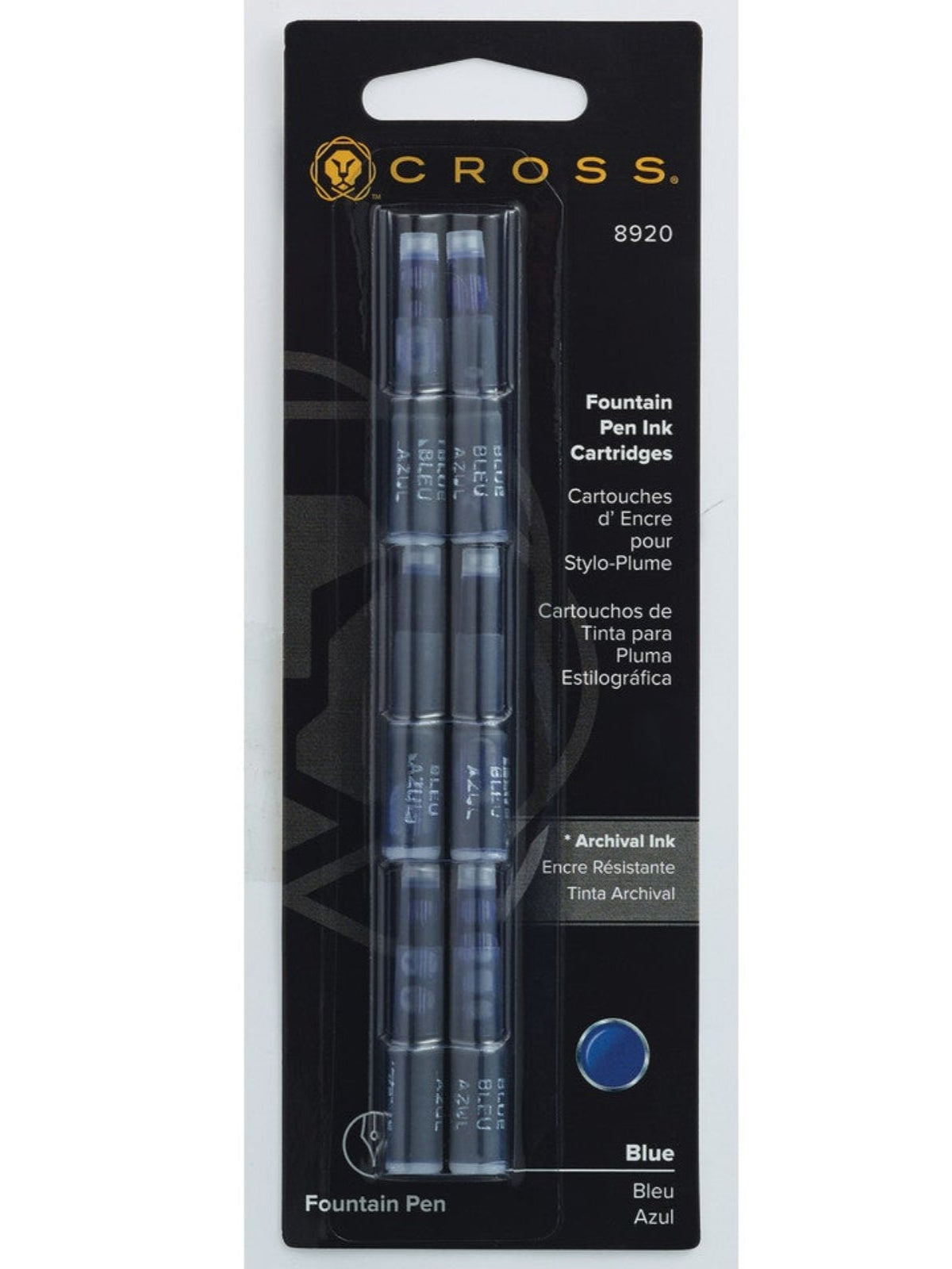 Fountain pen ink cartridge pack with 6 blue cartridges in blister card