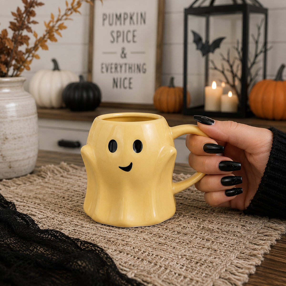 Yellow ghost-shaped mug with smiley face, held by hand