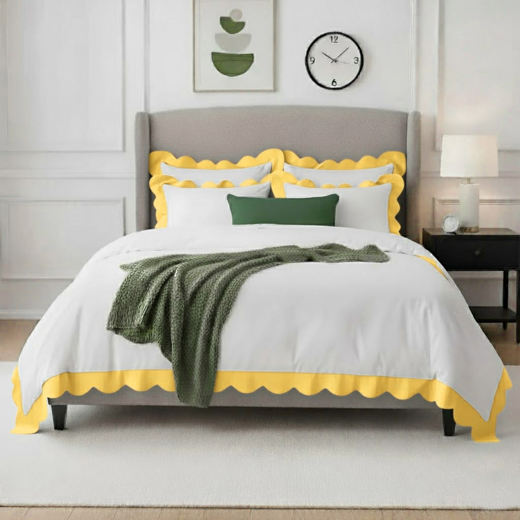 Wavy applique cotton duvet cover set with gold scalloped border
