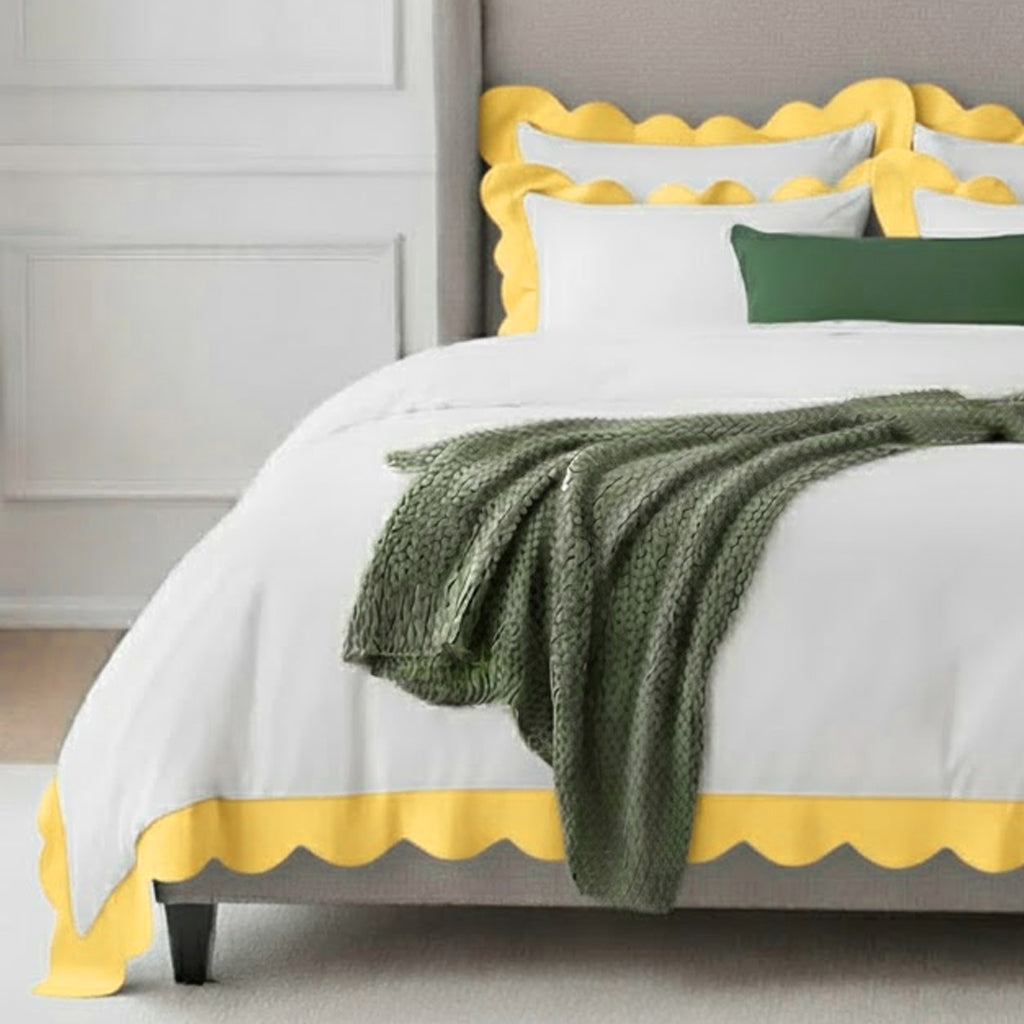 Cotton duvet cover set with white scalloped border and yellow wavy applique embroidery
