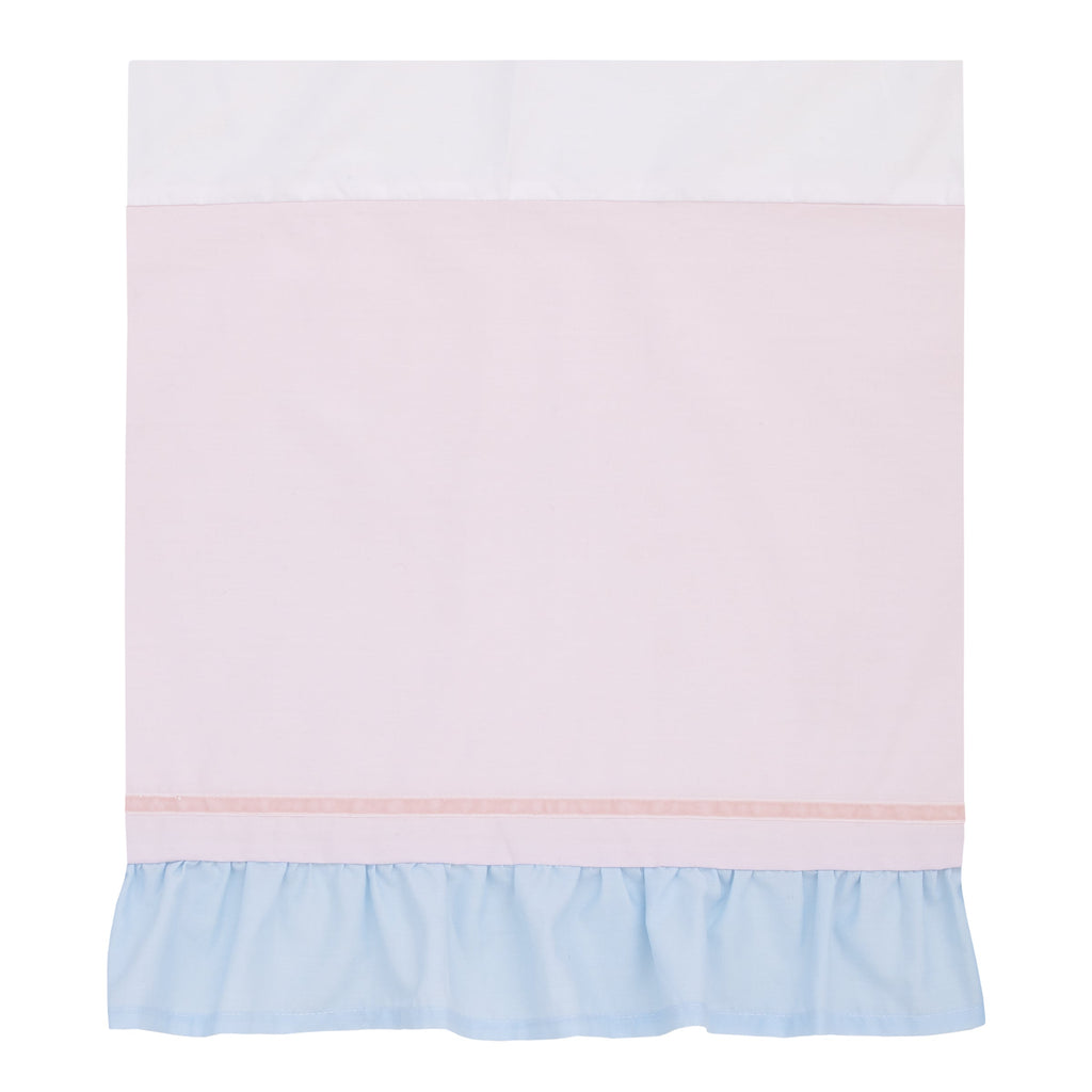 Pink and light blue crib skirt with solid top and blue ruffle trim