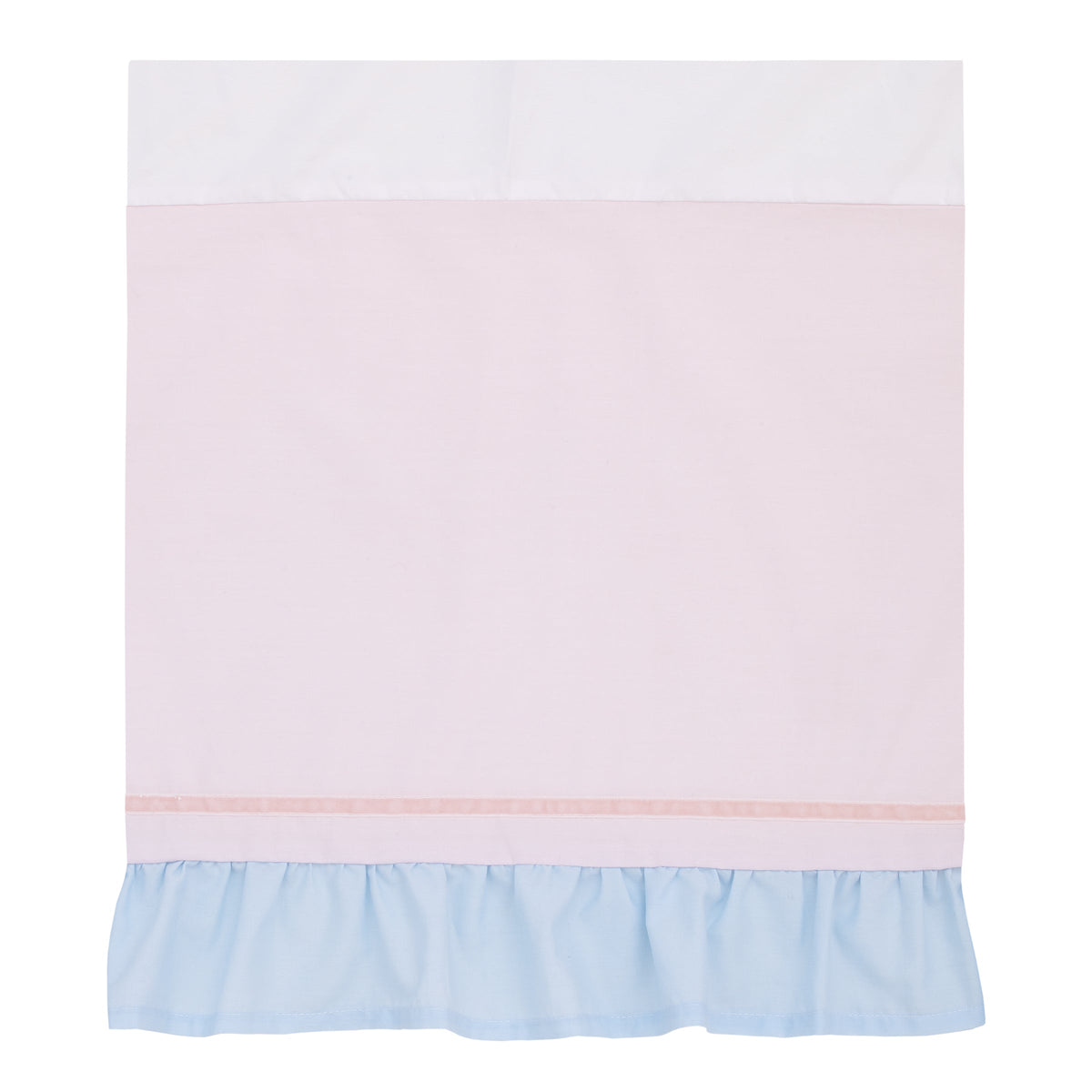 Pink and light blue crib skirt with solid top and blue ruffle trim