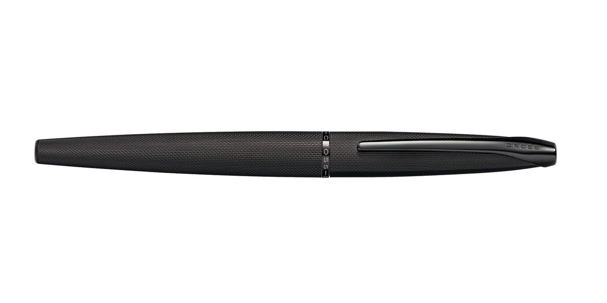 Brushed black fountain pen in side view with textured grip and streamlined tip