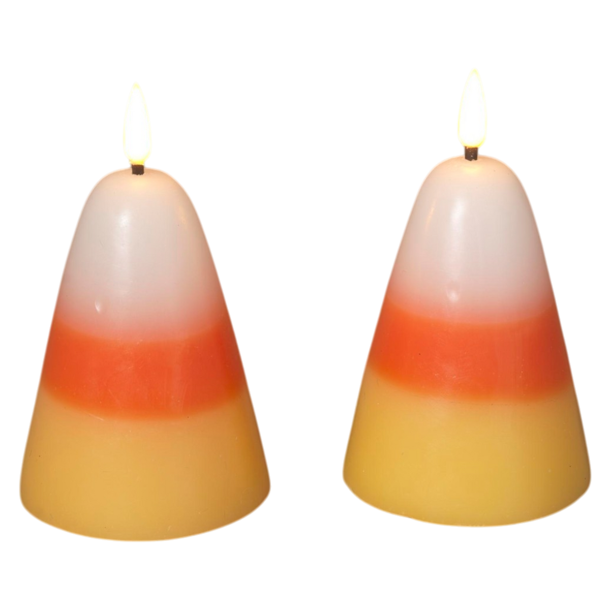 Two lit candy corn wax candles with white, orange, and yellow layers
