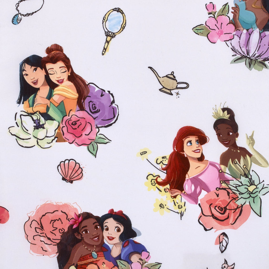 White fabric with princess character illustrations, pink roses, and small decorative icons