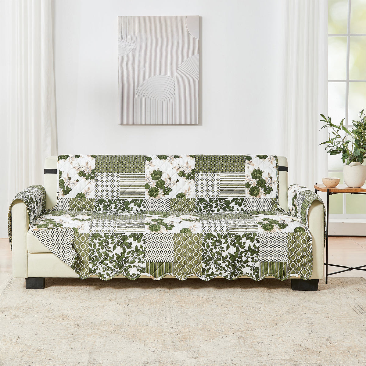 Reversible loveseat furniture protector, green patchwork leaf and trellis designs