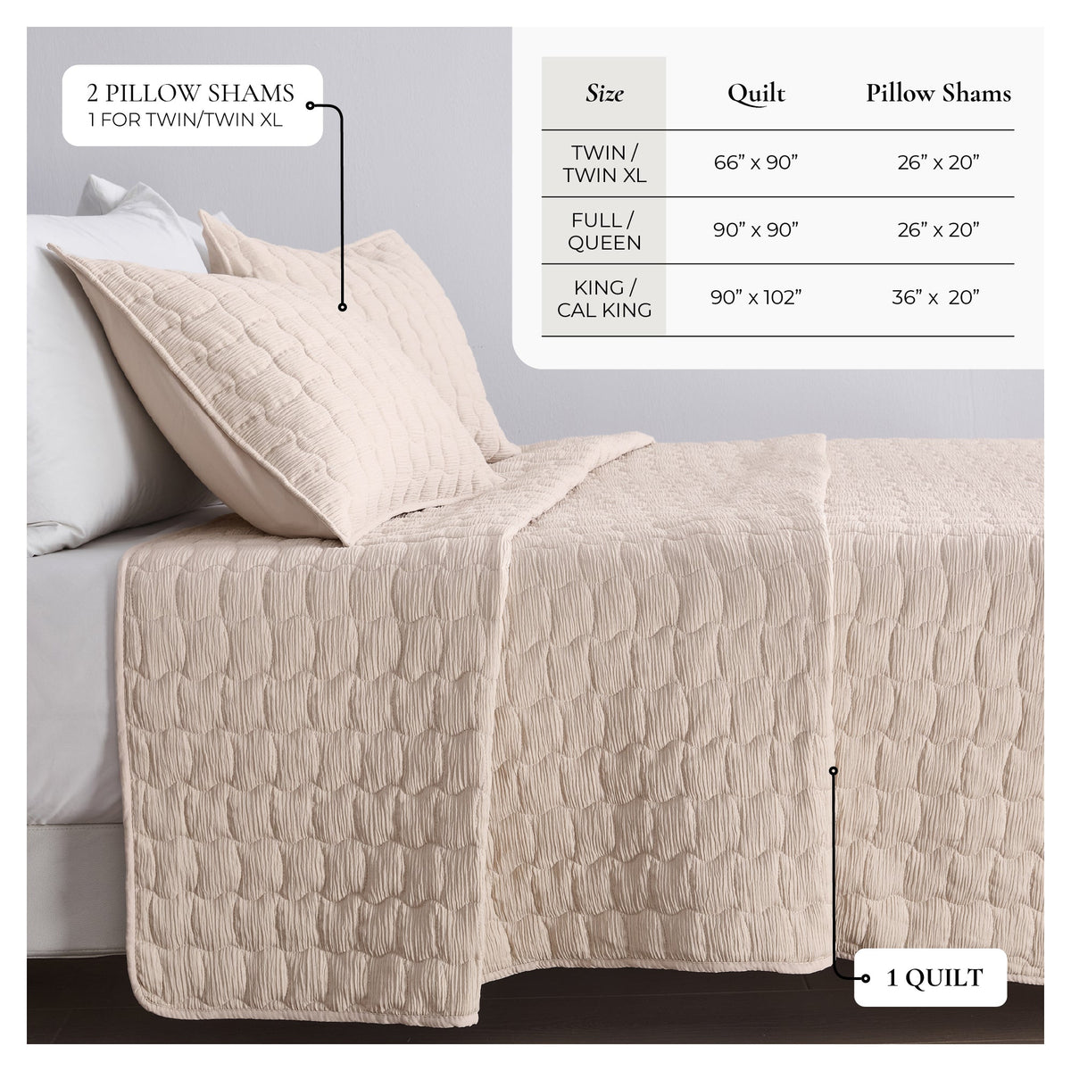 Gauze quilt set with wave-stitch pattern, light beige quilt with two pillow shams