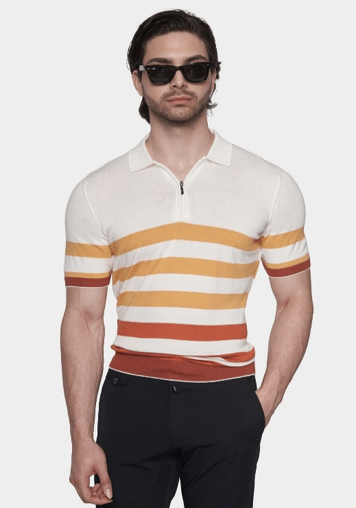 Cream striped polo shirt with quarter-zip front and ribbed collar, short sleeves