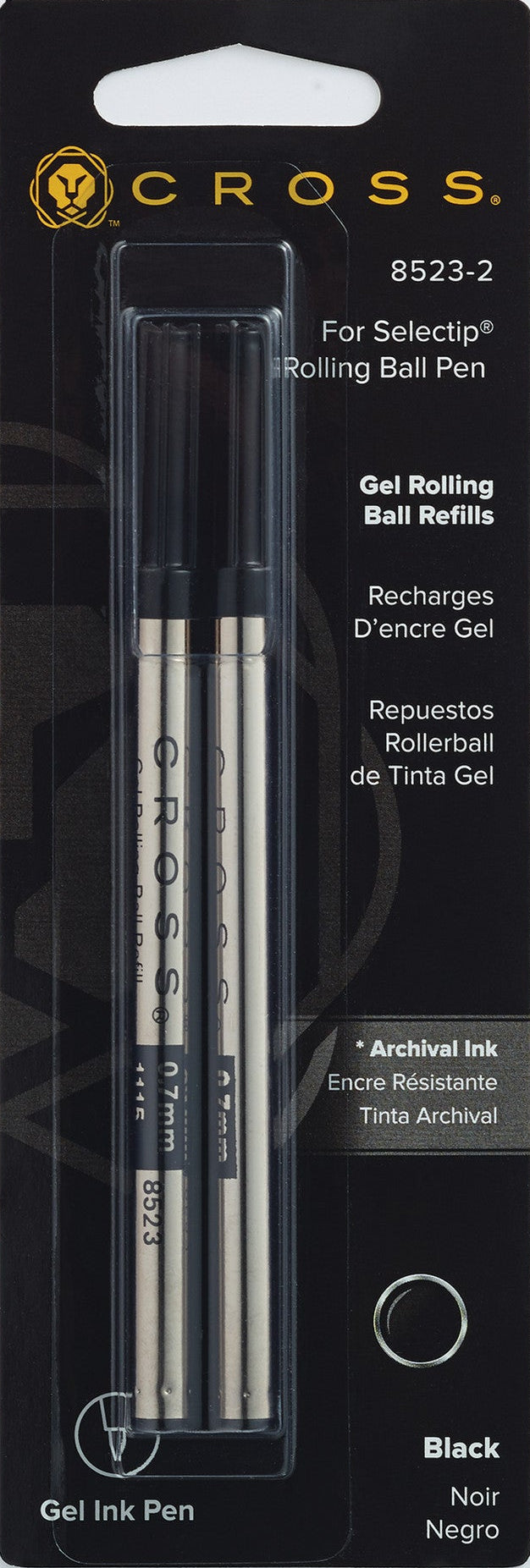 Packaged gel rollerball pen refills with black gel ink, two cartridges in blister