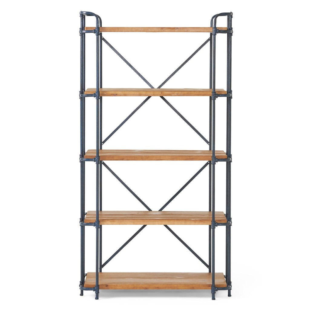 Industrial 5-shelf bookcase with dark metal pipe frame and natural wood shelves